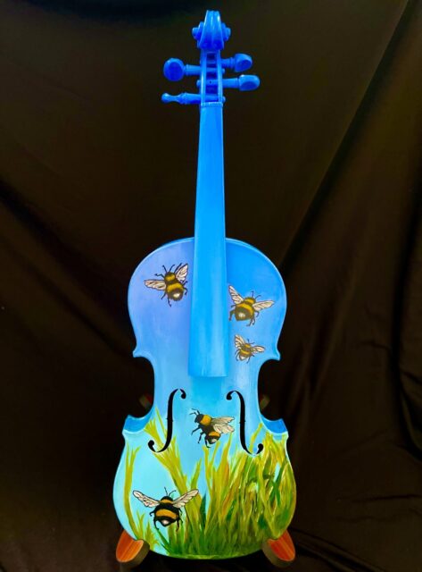 Painted Violin for fundraiser "Flight of the Bumblebee" by Carol Clay